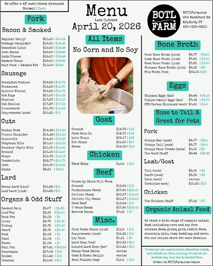 BOTL Farm, Soy/Corn-Free, Pastured, Eggs, Pork, Goat,